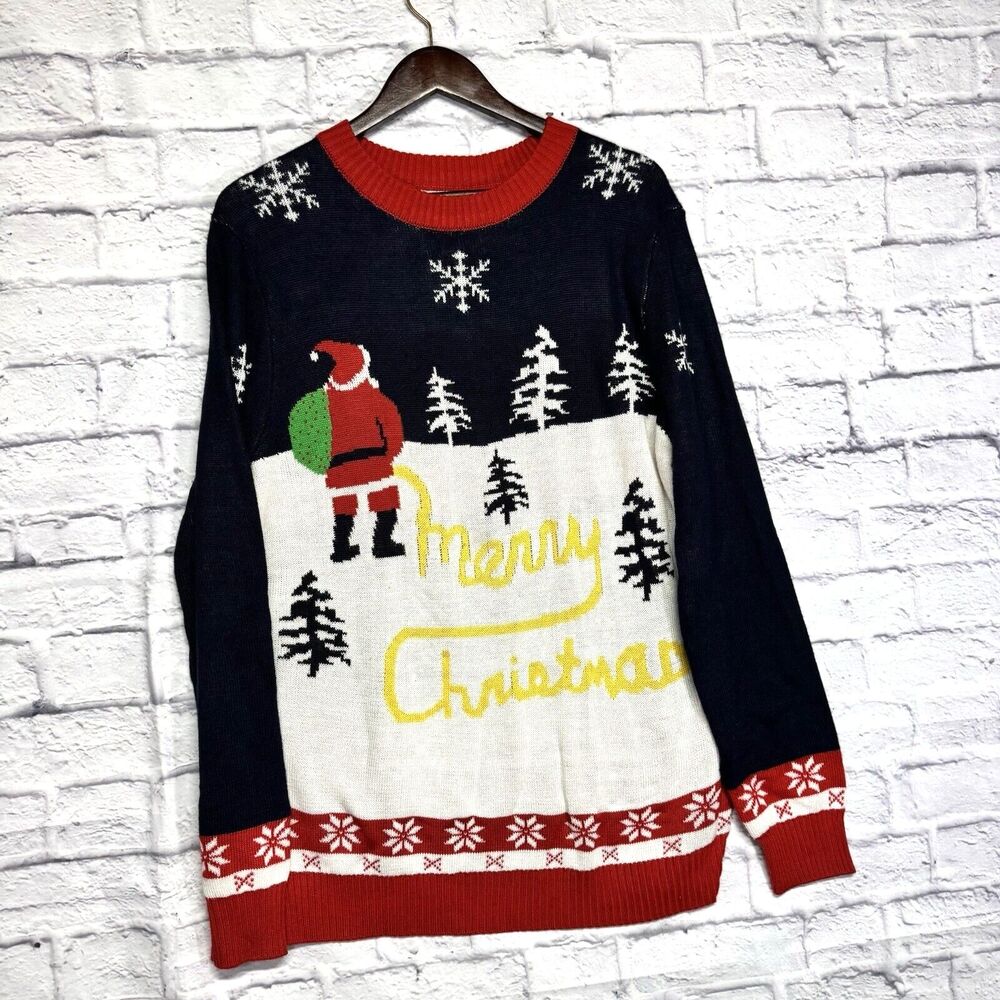 Tipsy Elves Funny Ugly Sweater Men's XL Santa Urinating Merry Christmas In Snow